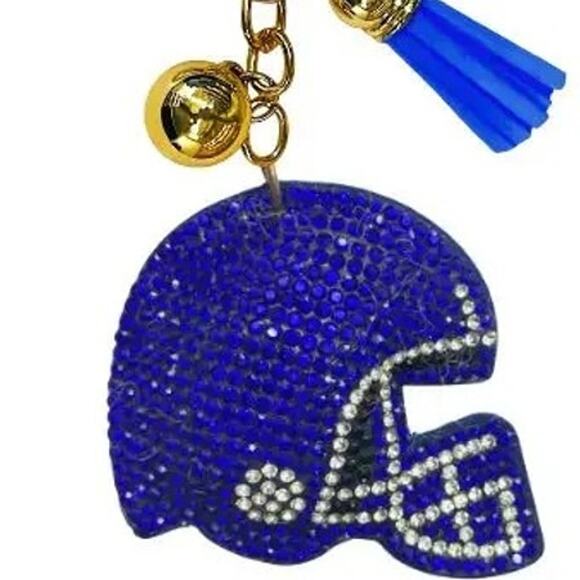 Football Helmet Crystal Keychains Bag Charms Blue White - Picture 2 of 2